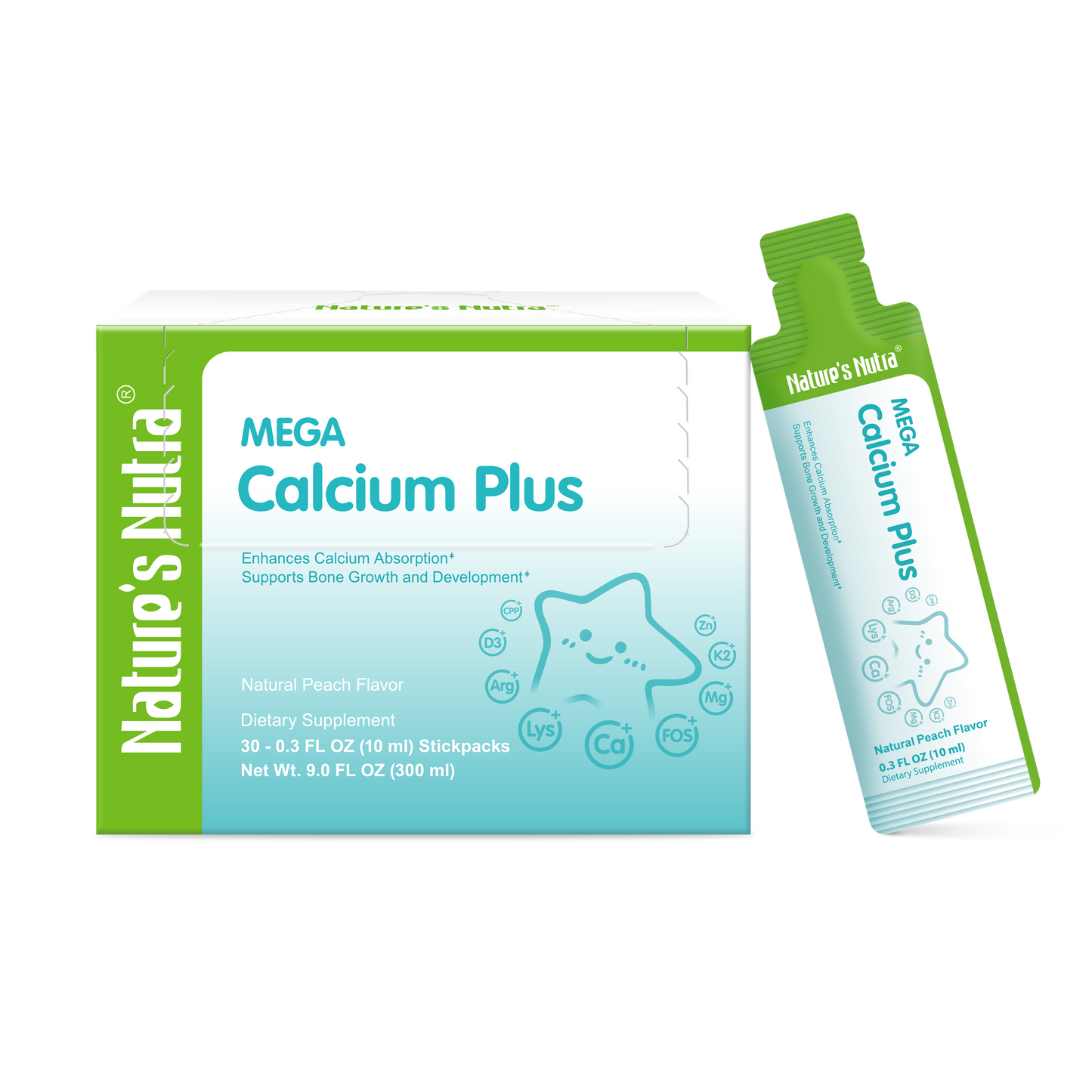 Nature's Nutra MEGA Calcium Plus | Natural Peach Flavor | Bone Growth & Calcium Absorption Support | Easy-to-Take Liquid Stickpacks | For Kids & Adults | 30 Servings