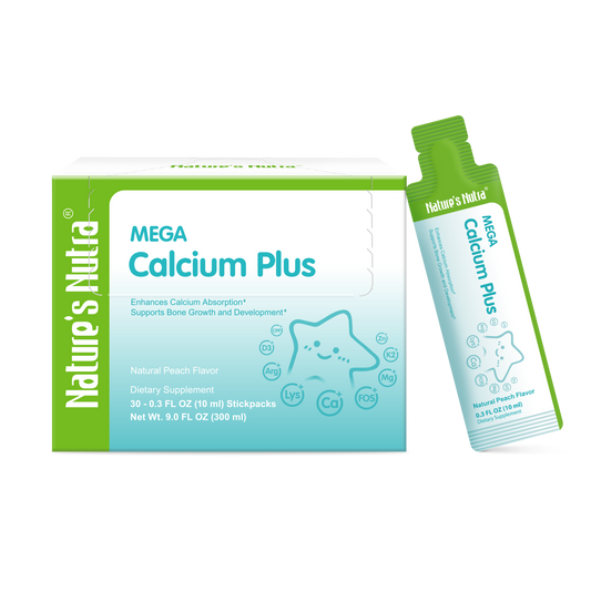 Nature's Nutra MEGA Calcium Plus | Natural Peach Flavor | Bone Growth & Calcium Absorption Support | Easy-to-Take Liquid Stickpacks | For Kids & Adults | 30 Servings