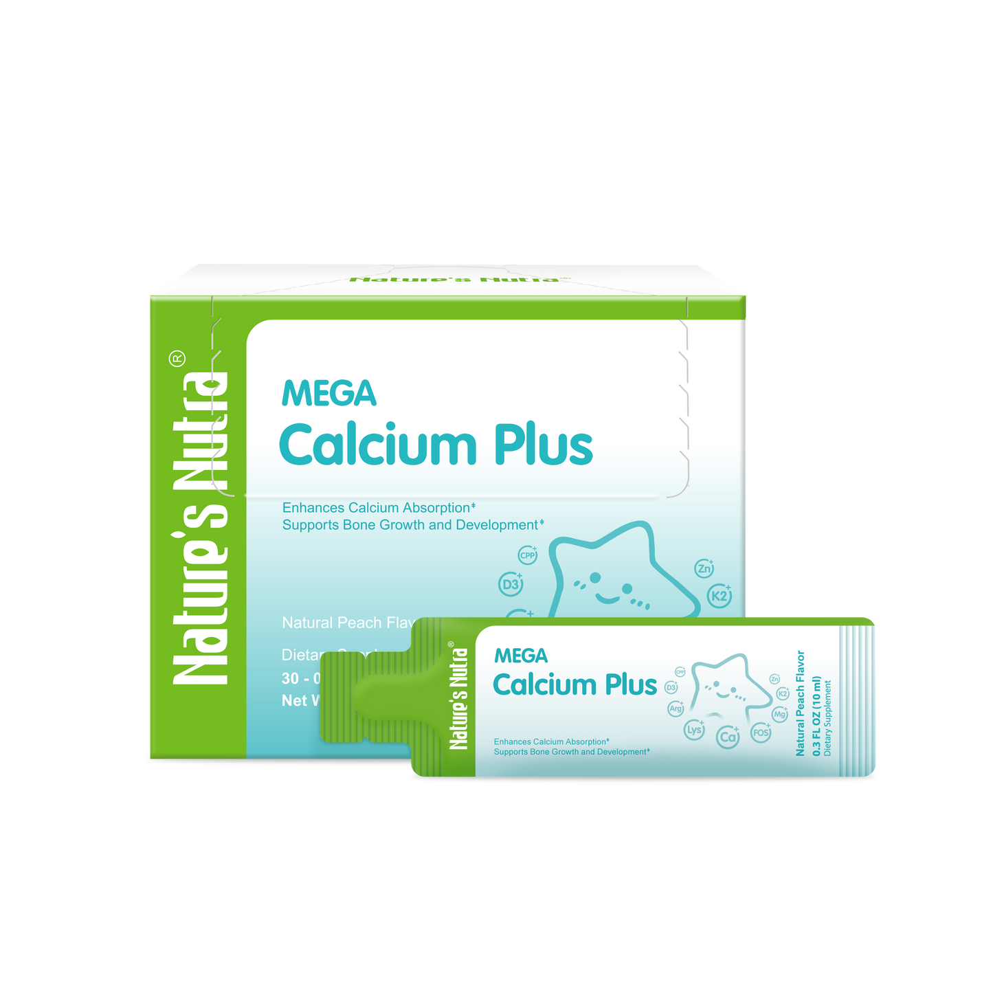 Nature's Nutra MEGA Calcium Plus | Natural Peach Flavor | Bone Growth & Calcium Absorption Support | Easy-to-Take Liquid Stickpacks | For Kids & Adults | 30 Servings