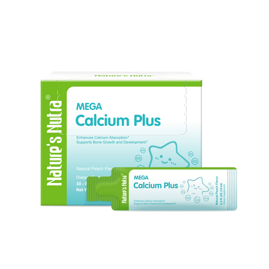 Nature's Nutra MEGA Calcium Plus | Natural Peach Flavor | Bone Growth & Calcium Absorption Support | Easy-to-Take Liquid Stickpacks | For Kids & Adults | 30 Servings